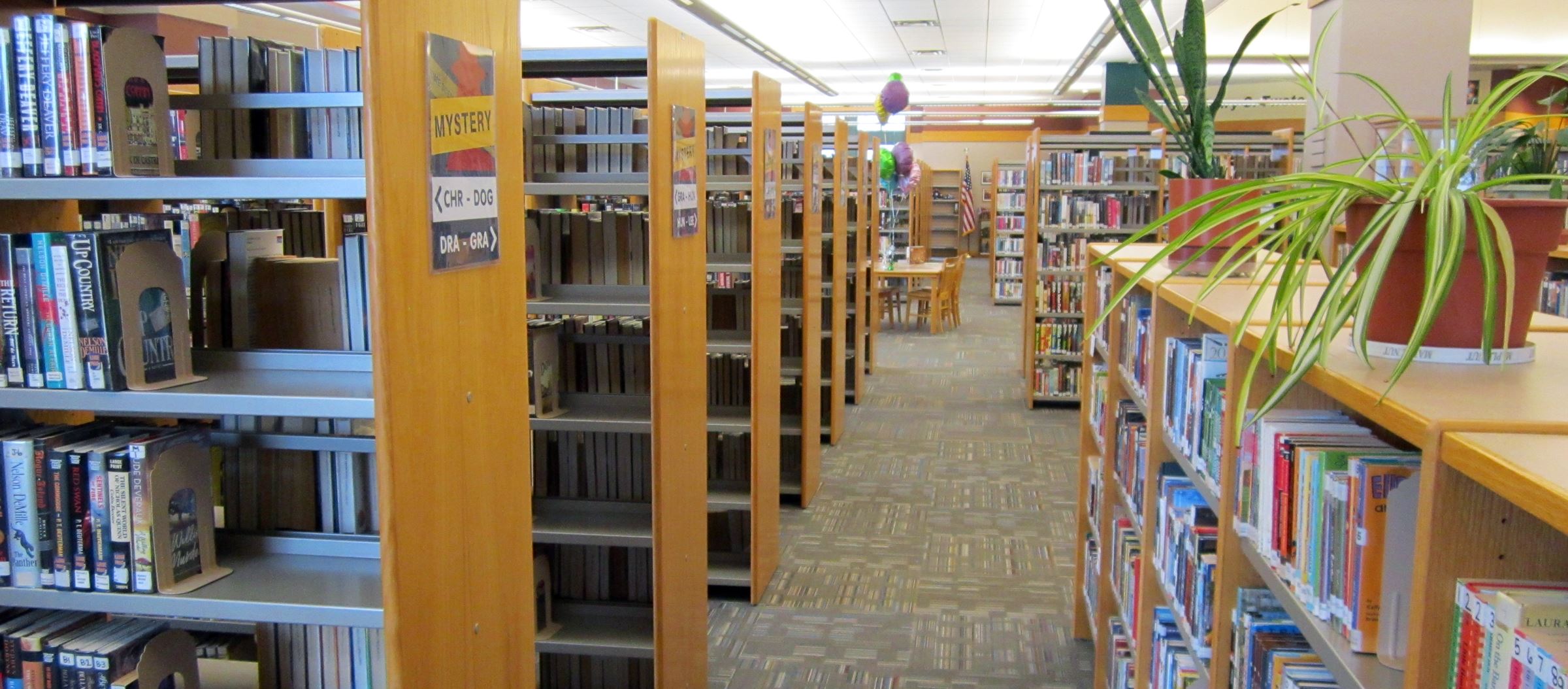 Looking down the aisle between mystery and junior book shelves