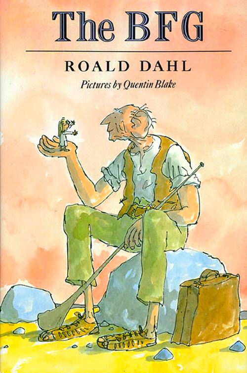 Book cover smiling giant sits on a rock holding a small girl in his open hand who is talking to him
