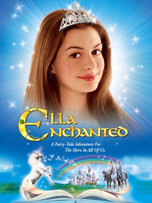 Portrait of Anne Hathaway in a princess crown, smiles at the viewer; a unicorn, castle, and rainbow 