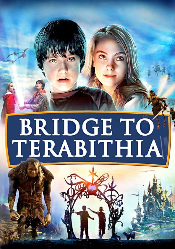 Preteen boy and girl walk through an archway to a land of giants and castles