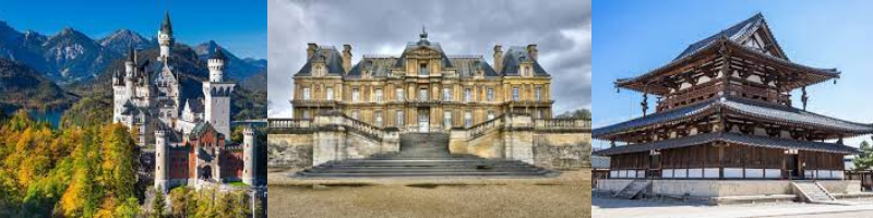photographs of the Neuschwanstein Castle, Chateau De Fontainebleau, and Horyu Temple
