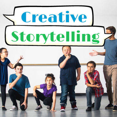 A group of preteens/teenagers acting out a story on a gray background