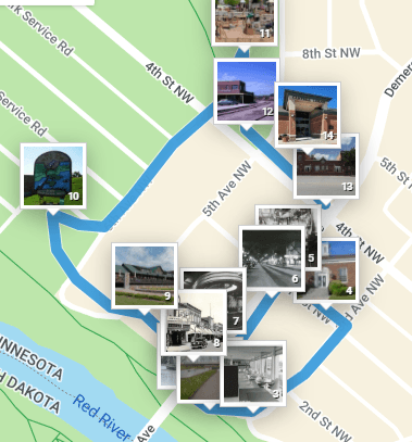 aerial map of downtown East Grand Forks with route of the walking tour highlighted