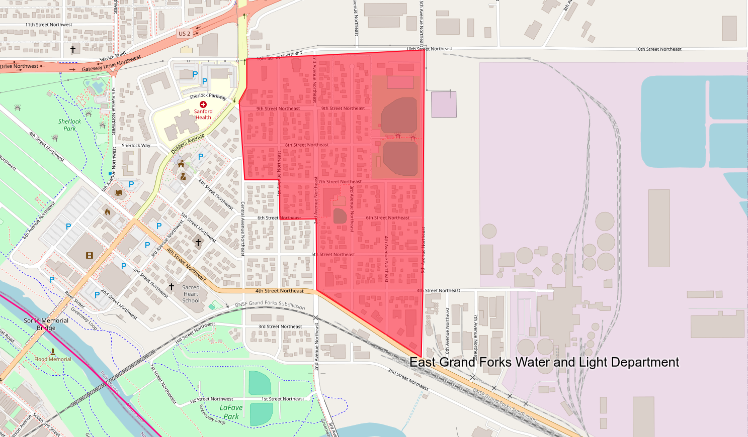 Map showing outage area